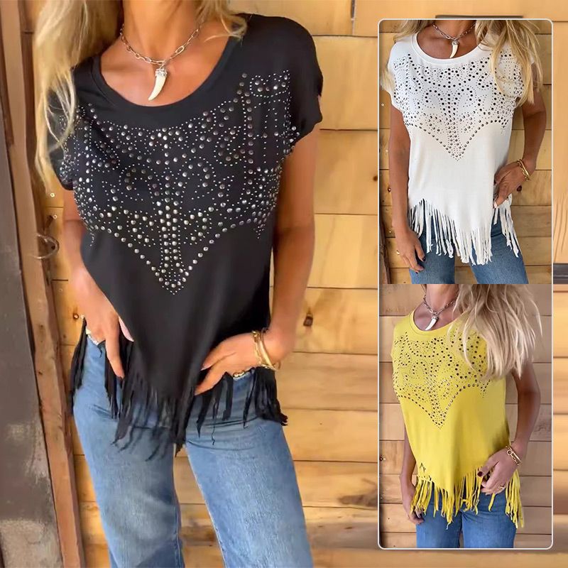 Céleste - Women's short-sleeved T-shirt with thermal print and fringed hem