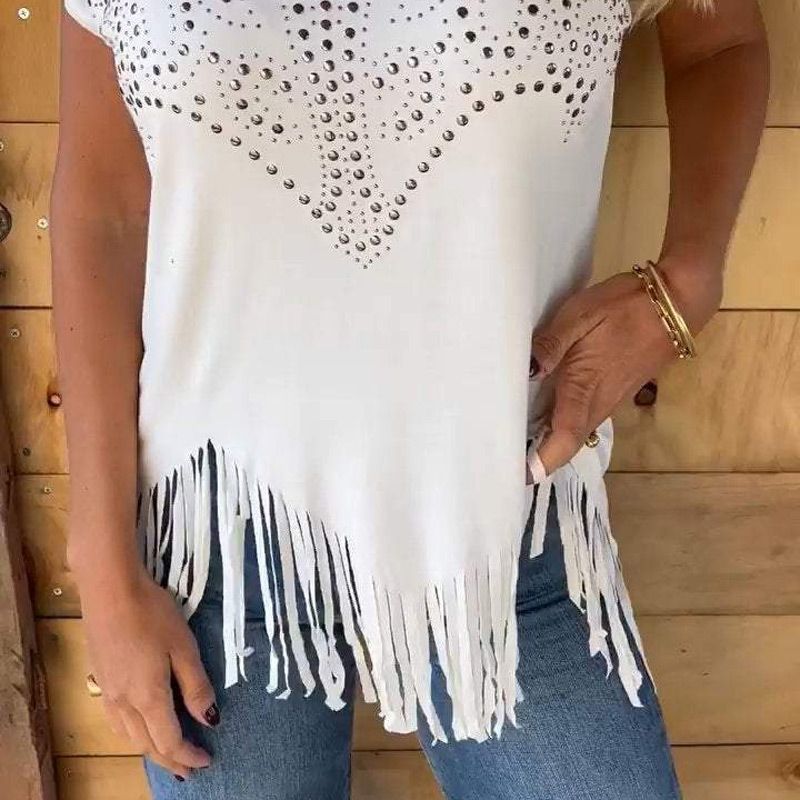 Céleste - Women's short-sleeved T-shirt with thermal print and fringed hem