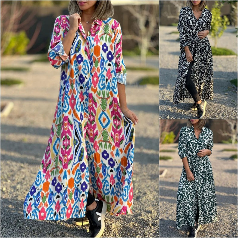Ivonne - Floral Long Sleeve Dress with Shirt Collar