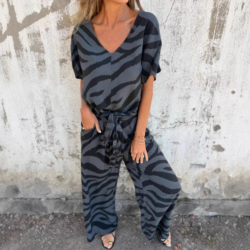 Alina - Zebra print v-neck top and pant set