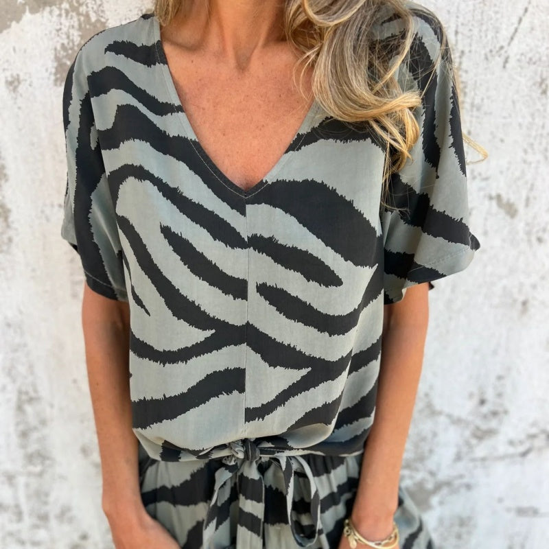 Alina - Zebra print v-neck top and pant set