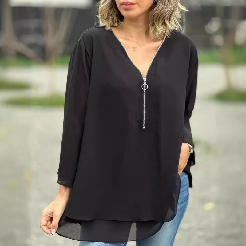 Ornella™ - Soft Double Layer Top with Zipper and V-Neckline