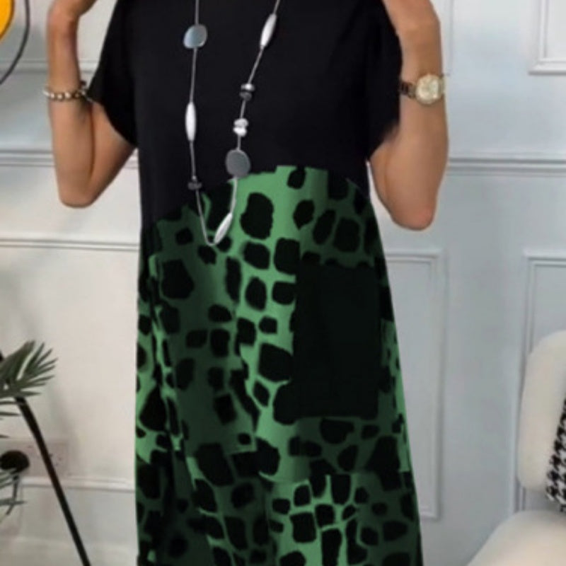 Lisette - Printed Dress with Round Neck and Short Sleeves