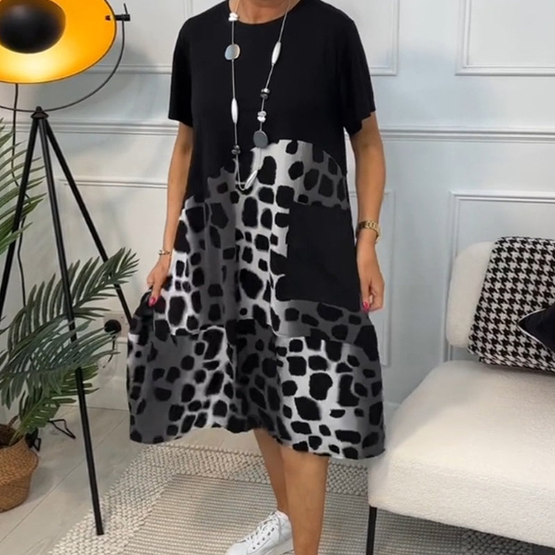Lisette - Printed Dress with Round Neck and Short Sleeves