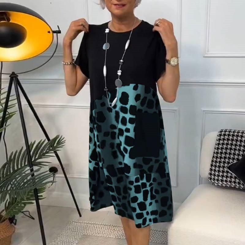 Lisette - Printed Dress with Round Neck and Short Sleeves