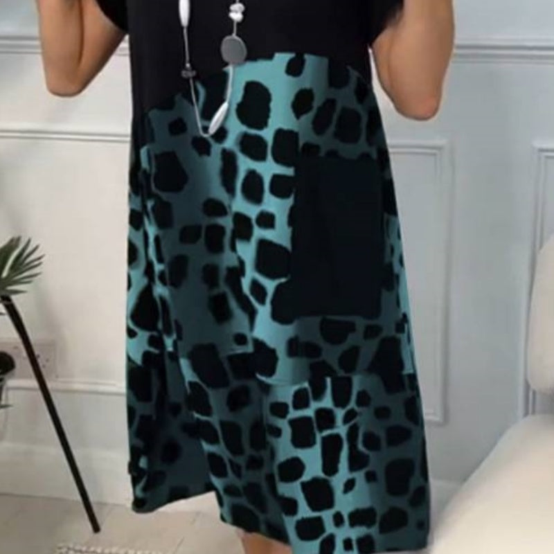 Lisette - Printed Dress with Round Neck and Short Sleeves