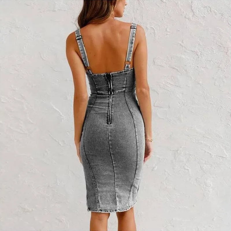 Estelle - Adjustable Straps Denim Bodycon Dress with U-Shape Neckline and Slit