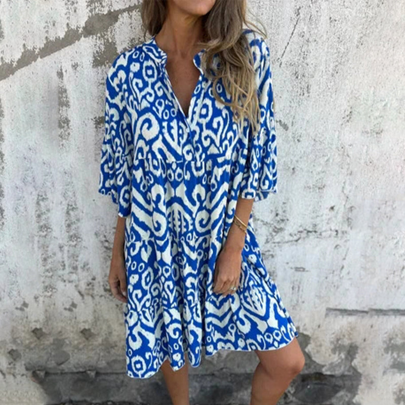 Astrid - V-Neck Three-Quarter Sleeve Printed Dress