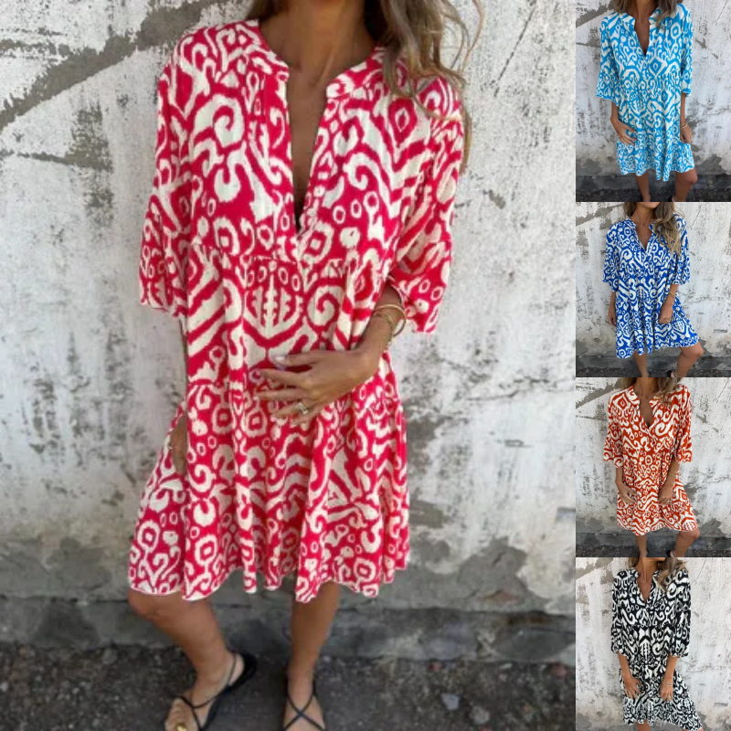 Astrid - V-Neck Three-Quarter Sleeve Printed Dress