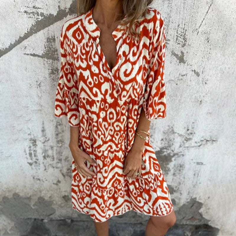 Astrid - V-Neck Three-Quarter Sleeve Printed Dress