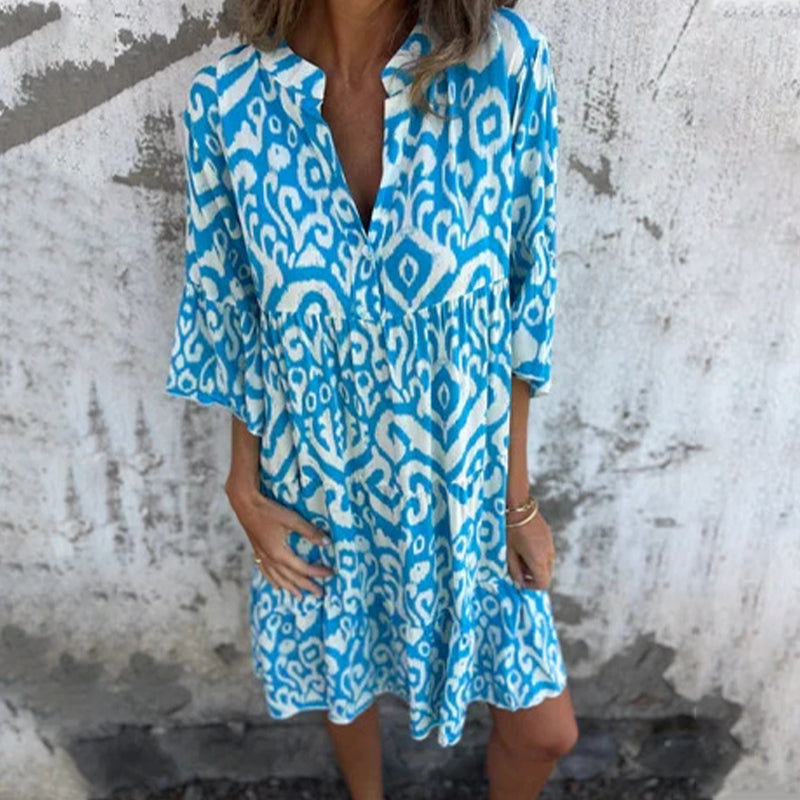 Astrid - V-Neck Three-Quarter Sleeve Printed Dress