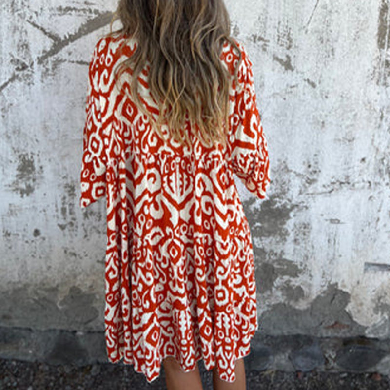 Astrid - V-Neck Three-Quarter Sleeve Printed Dress