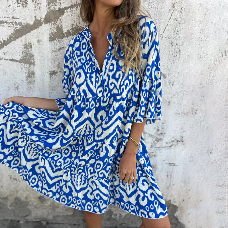 Astrid - V-Neck Three-Quarter Sleeve Printed Dress