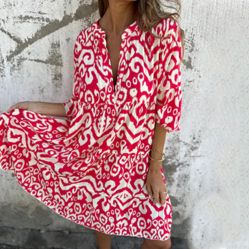 Astrid - V-Neck Three-Quarter Sleeve Printed Dress