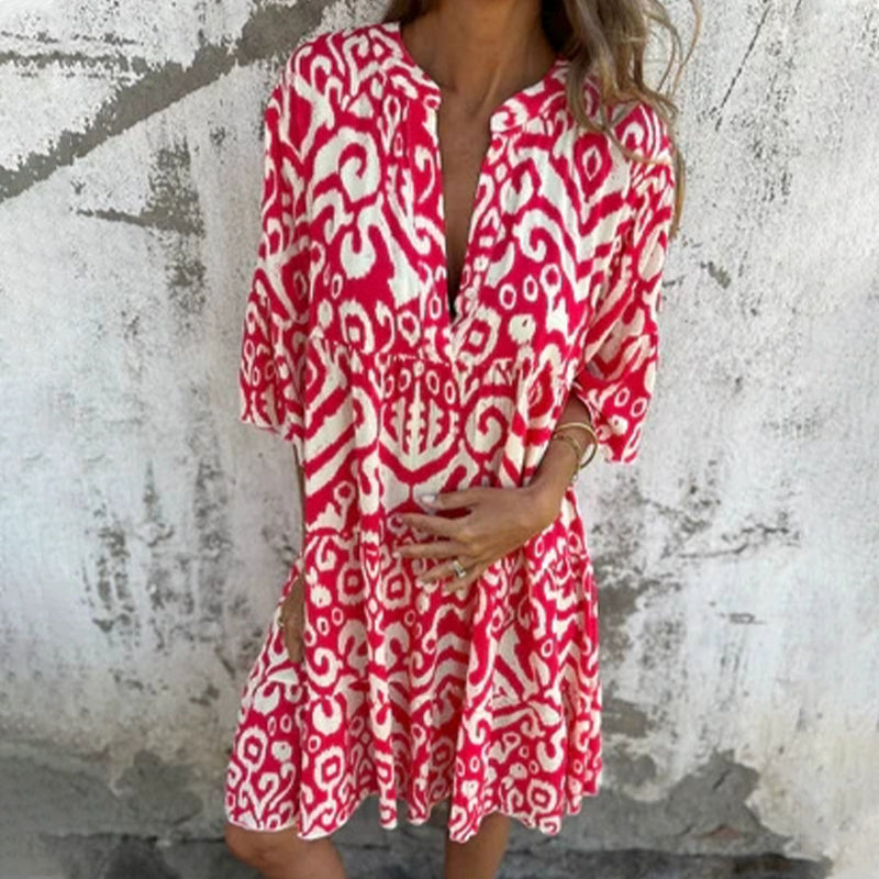 Astrid - V-Neck Three-Quarter Sleeve Printed Dress