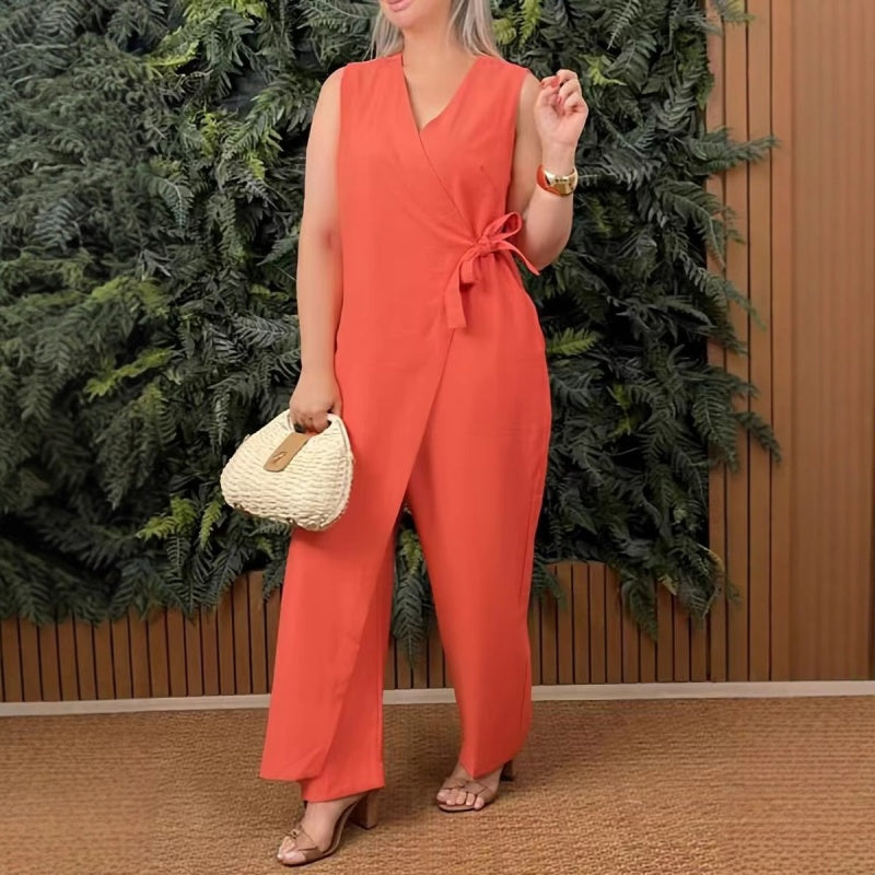 Mirabelle™ - Women's Plain Casual V-Neck Jumpsuit with Tie Belt
