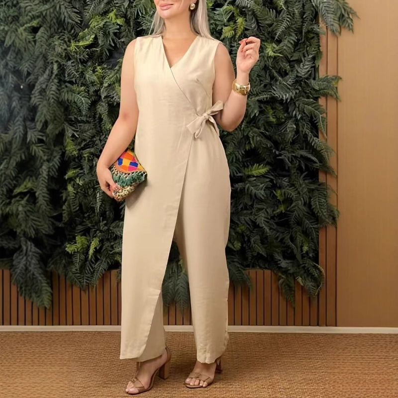 Mirabelle™ - Women's Plain Casual V-Neck Jumpsuit with Tie Belt