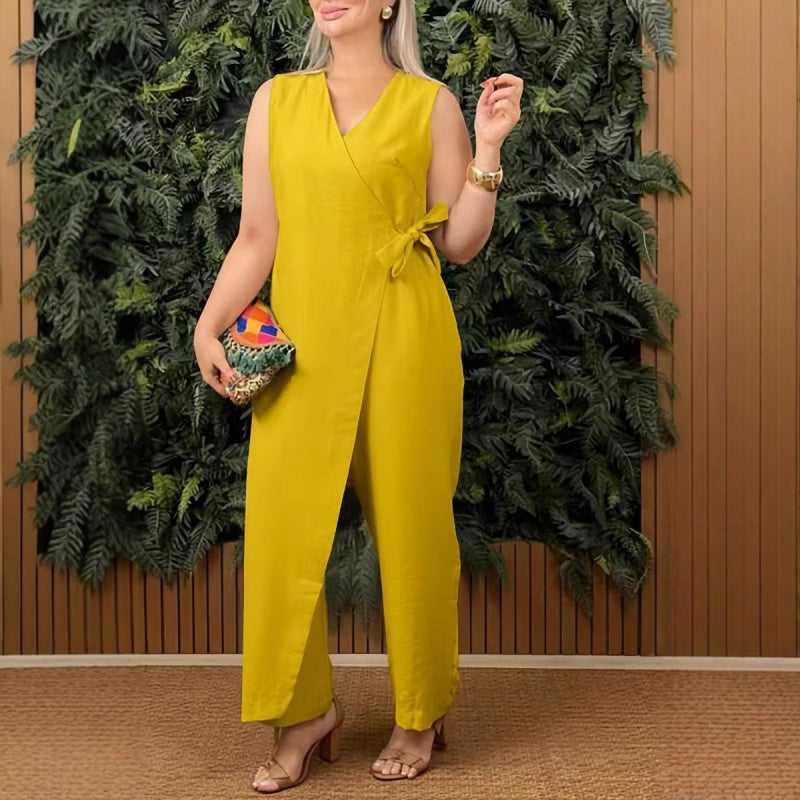 Mirabelle™ - Women's Plain Casual V-Neck Jumpsuit with Tie Belt