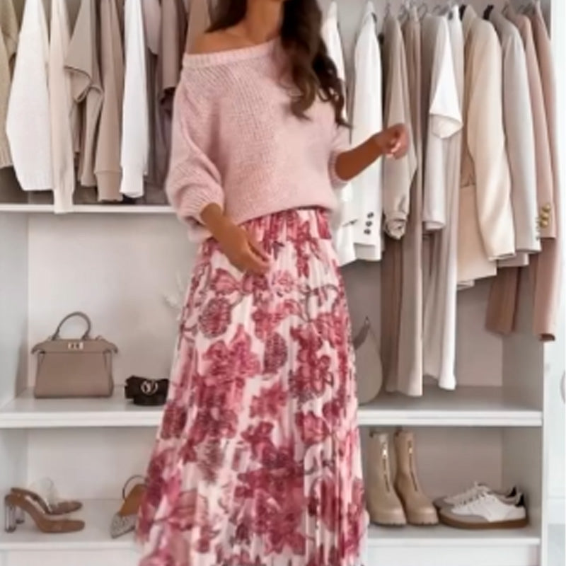 Janna™ - Set van top met ronde hals en bedrukte rok met riem
