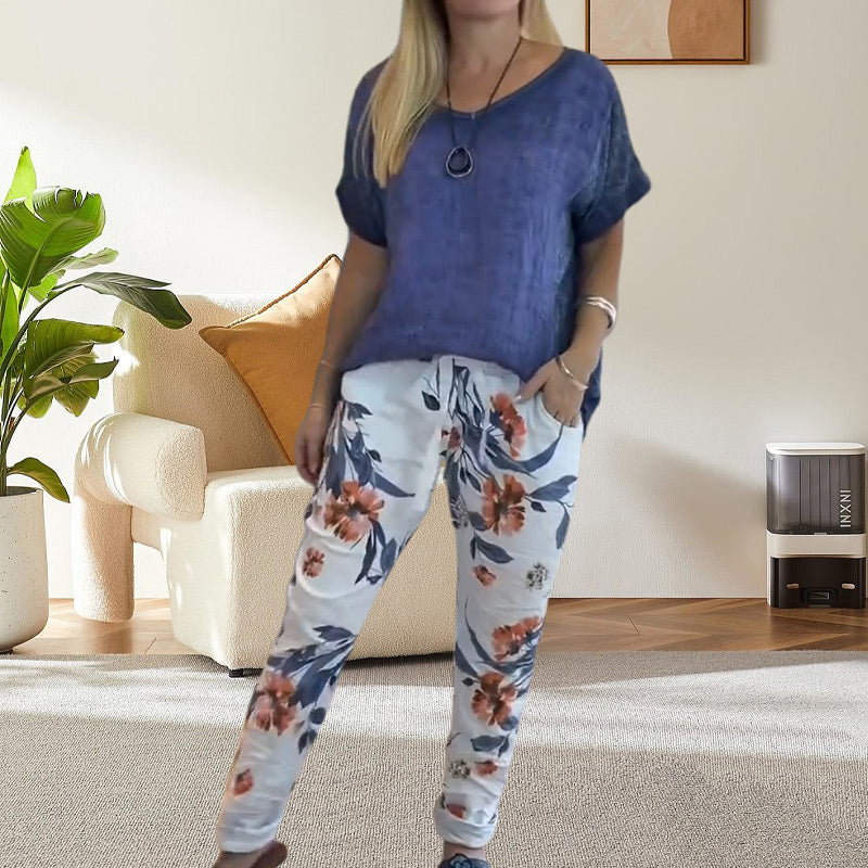 Evangeline - Women's 2 Piece Set - Plain Blouse and Floral Print Casual Pants