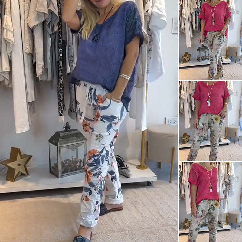 Evangeline - Women's 2 Piece Set - Plain Blouse and Floral Print Casual Pants