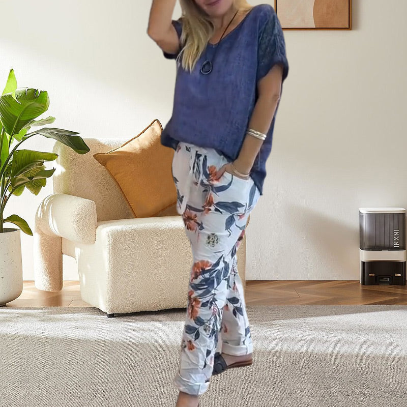 Evangeline - Women's 2 Piece Set - Plain Blouse and Floral Print Casual Pants