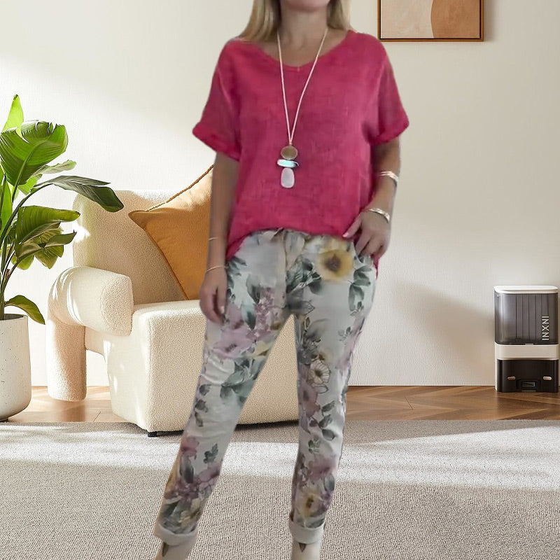 Evangeline - Women's 2 Piece Set - Plain Blouse and Floral Print Casual Pants