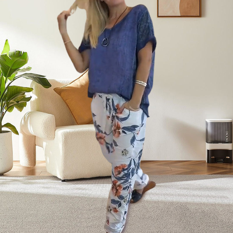 Evangeline - Women's 2 Piece Set - Plain Blouse and Floral Print Casual Pants
