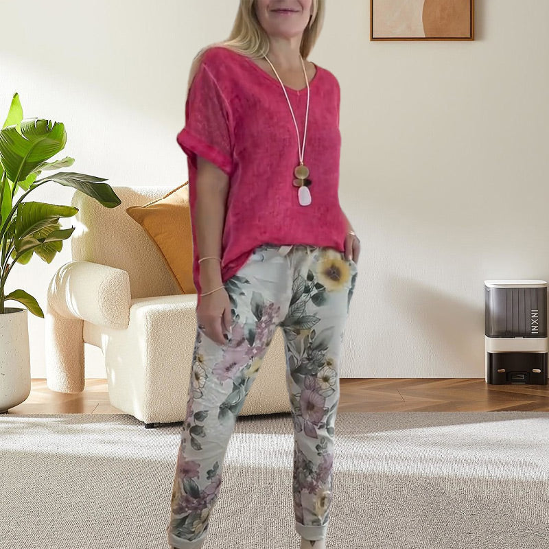 Evangeline - Women's 2 Piece Set - Plain Blouse and Floral Print Casual Pants