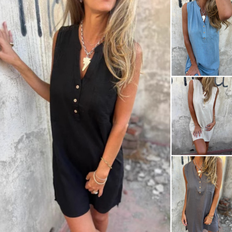 Noelia - Women's V-Neck Sleeveless Button Dress