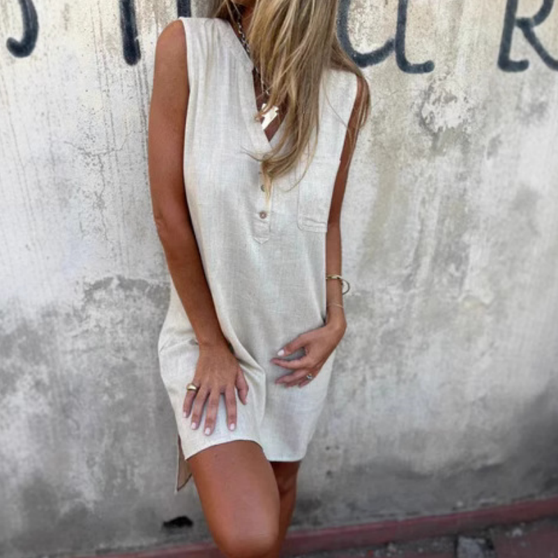Noelia - Women's V-Neck Sleeveless Button Dress