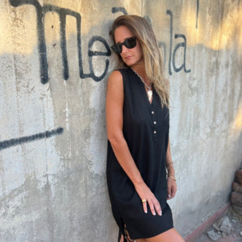 Noelia - Women's V-Neck Sleeveless Button Dress