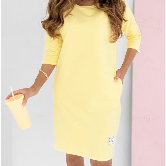 Lieka - 3/4 Sleeve Round Neck Dress with Pockets