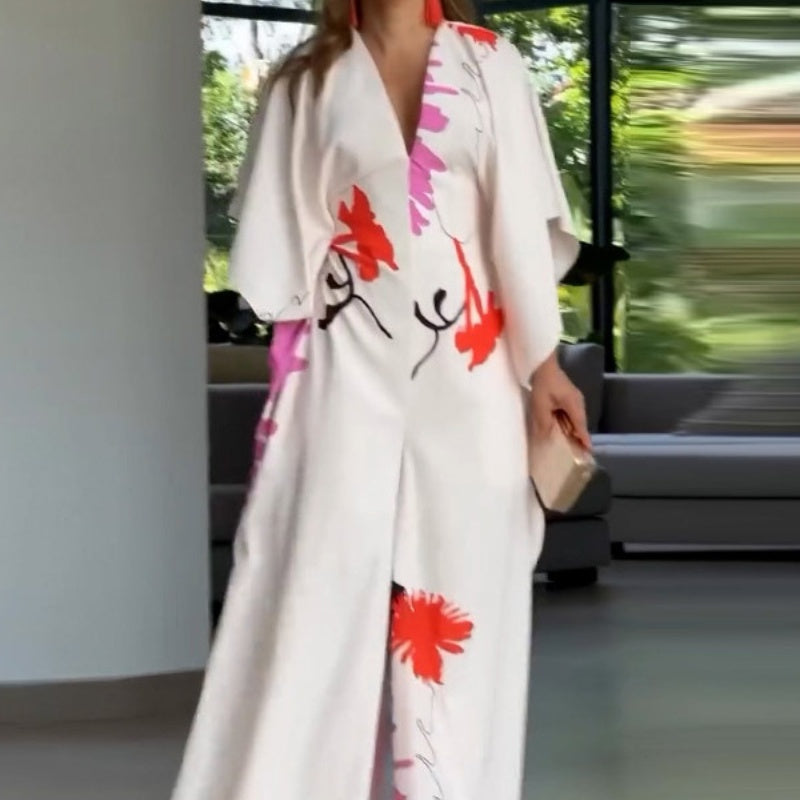 Severine - Irregular Sleeve Flowered Jumpsuit with Wide Legs