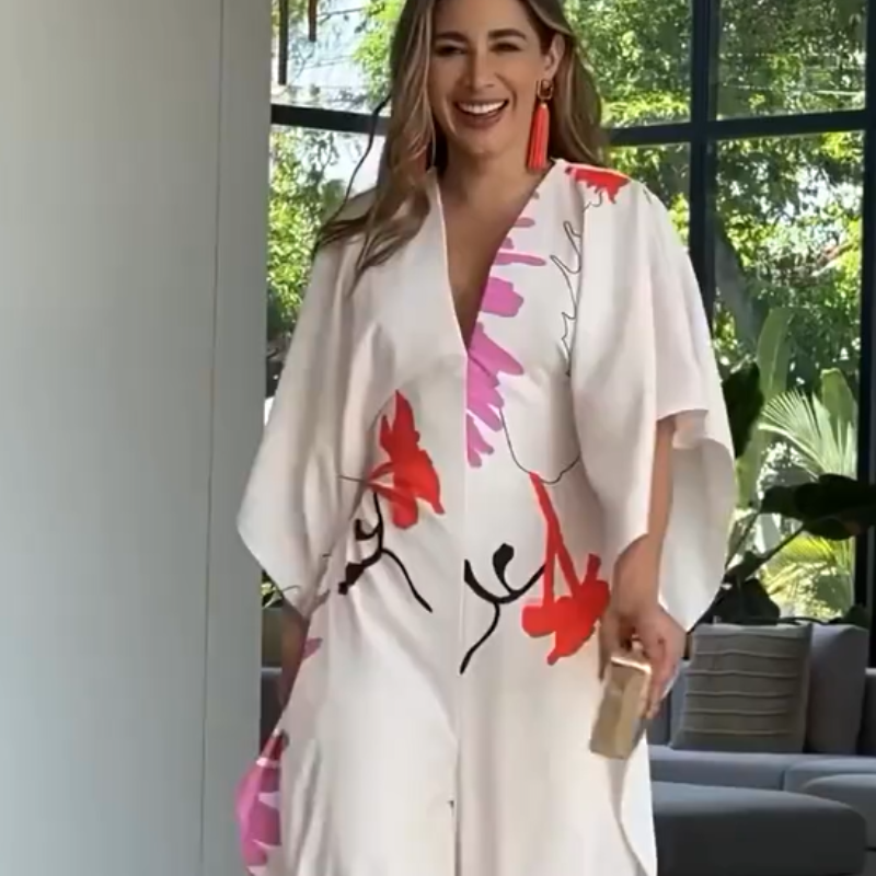 Severine - Irregular Sleeve Flowered Jumpsuit with Wide Legs