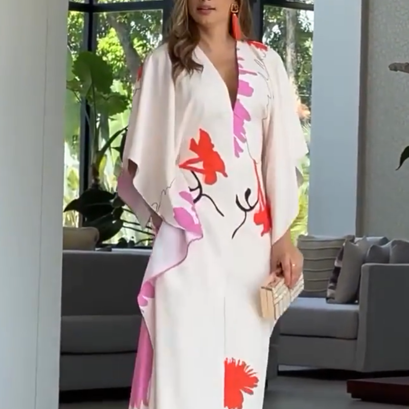 Severine - Irregular Sleeve Flowered Jumpsuit with Wide Legs