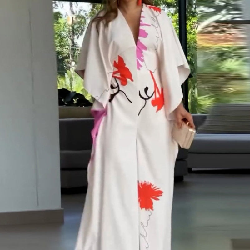 Severine - Irregular Sleeve Flowered Jumpsuit with Wide Legs
