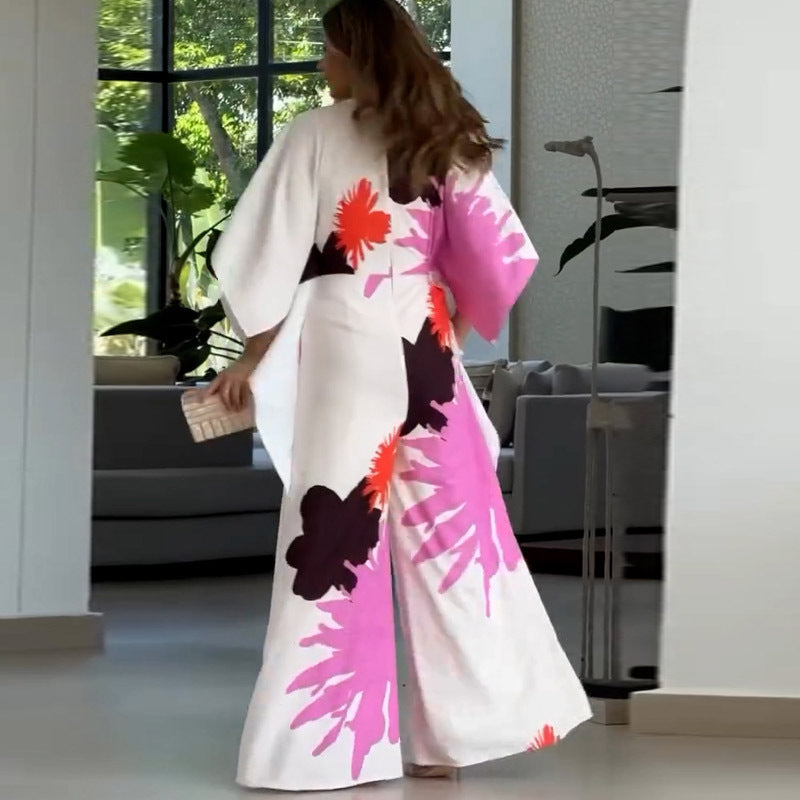 Severine - Irregular Sleeve Flowered Jumpsuit with Wide Legs