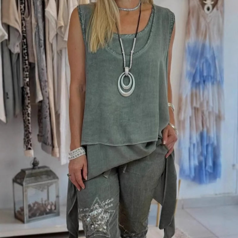 Oriane - Women's Two Piece Set: Sleeveless Top and Printed Pants