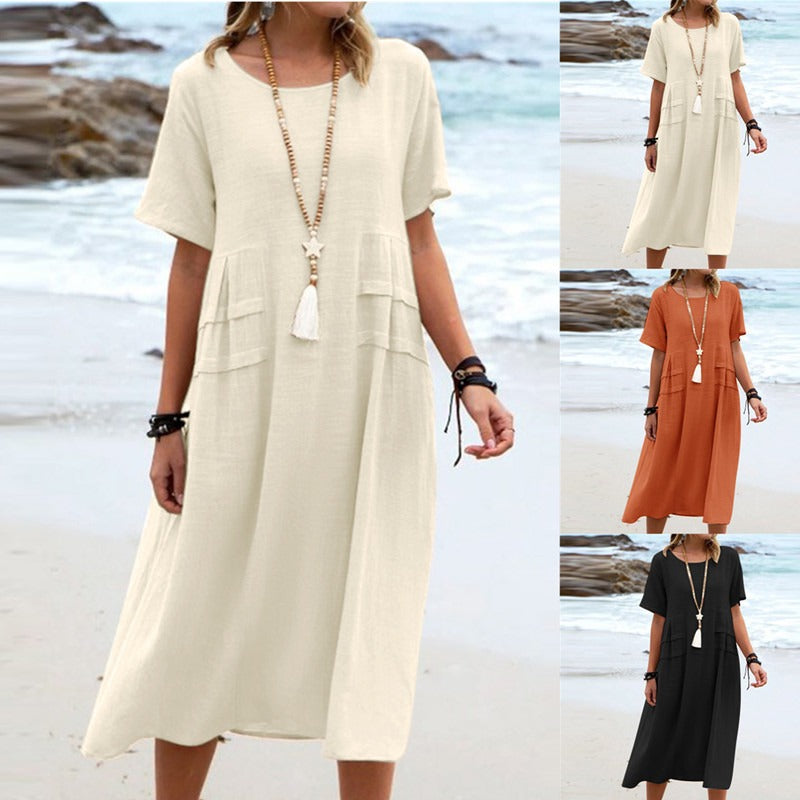 Oriana - Cotton and Linen Midi Dress with Round Neck