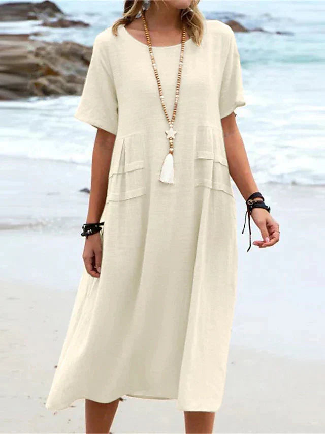 Oriana - Cotton and Linen Midi Dress with Round Neck
