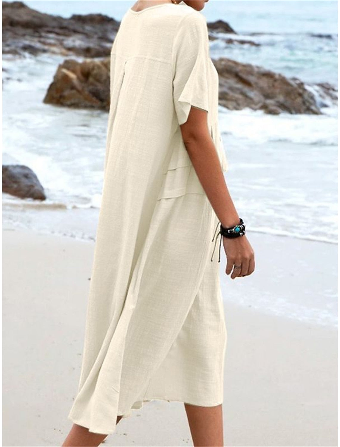 Oriana - Cotton and Linen Midi Dress with Round Neck