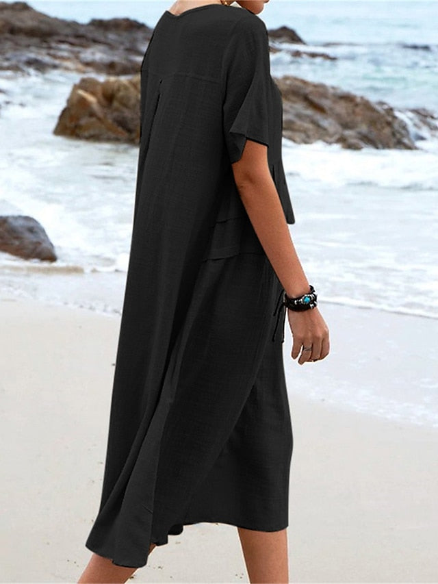 Oriana - Cotton and Linen Midi Dress with Round Neck