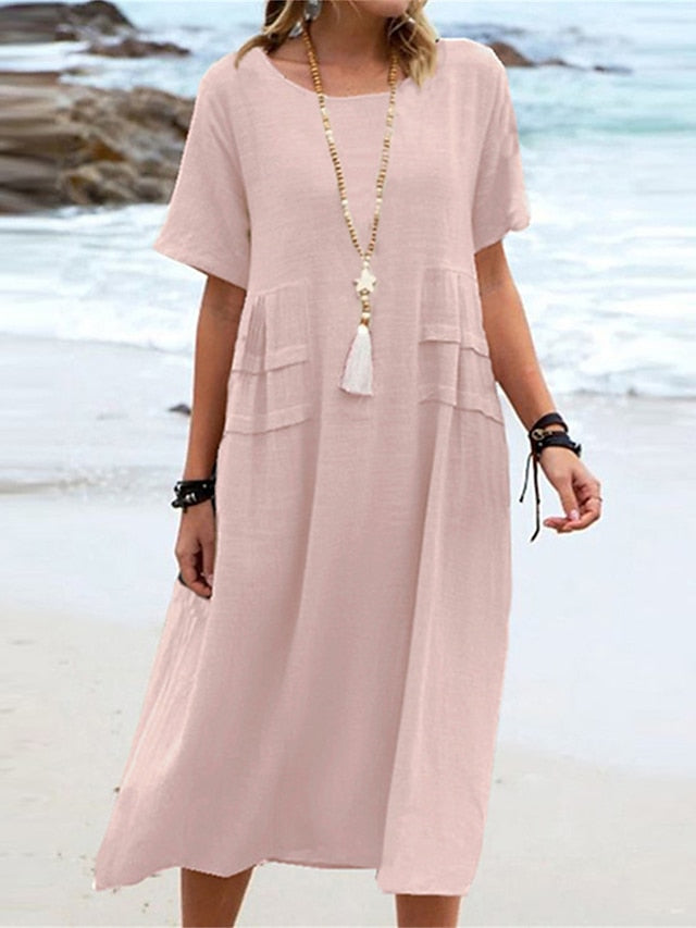 Oriana - Cotton and Linen Midi Dress with Round Neck