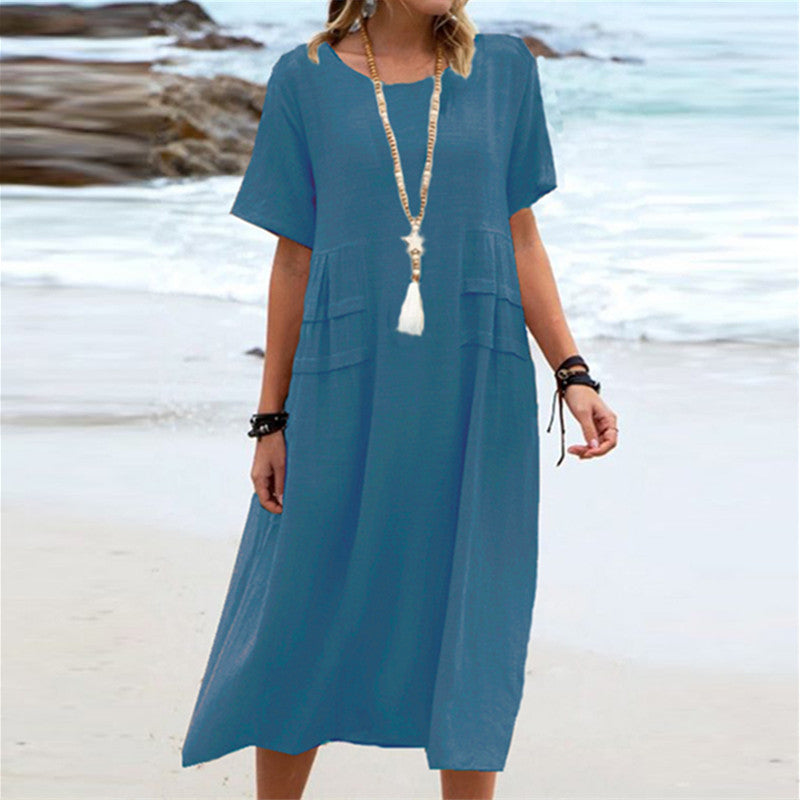 Oriana - Cotton and Linen Midi Dress with Round Neck