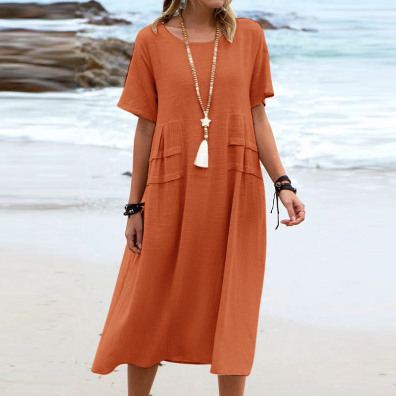 Oriana - Cotton and Linen Midi Dress with Round Neck