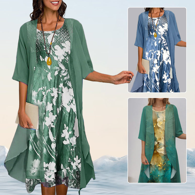 Eleny - Elegant two-piece floral chiffon dress set