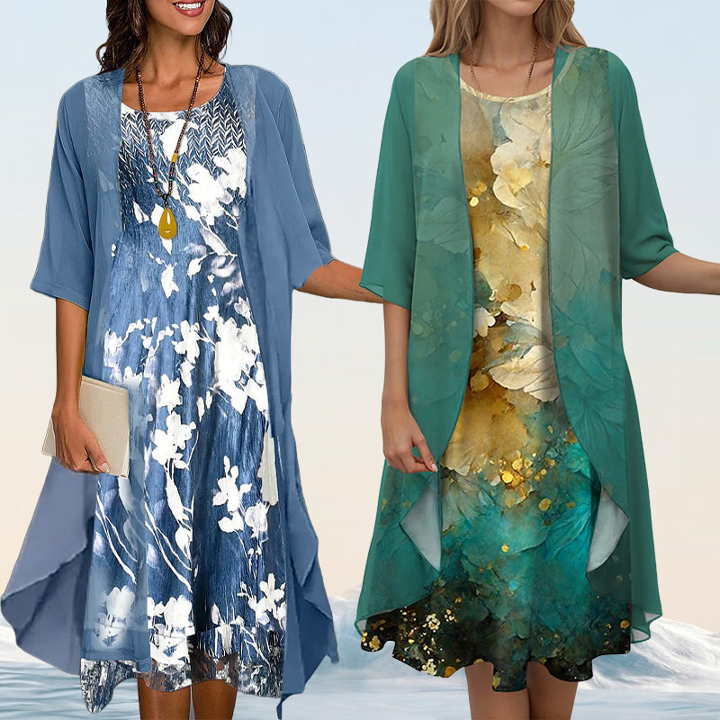 Eleny - Elegant two-piece floral chiffon dress set