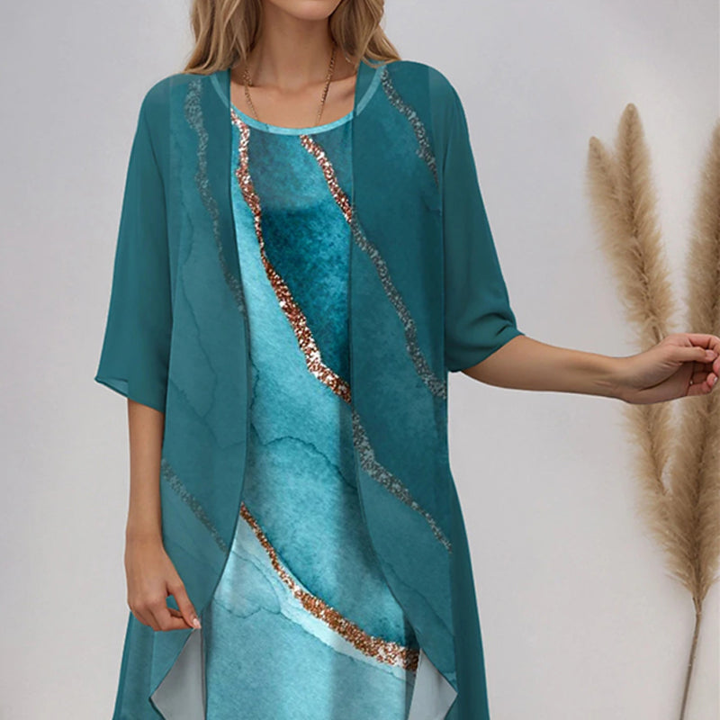 Eleny - Elegant two-piece floral chiffon dress set