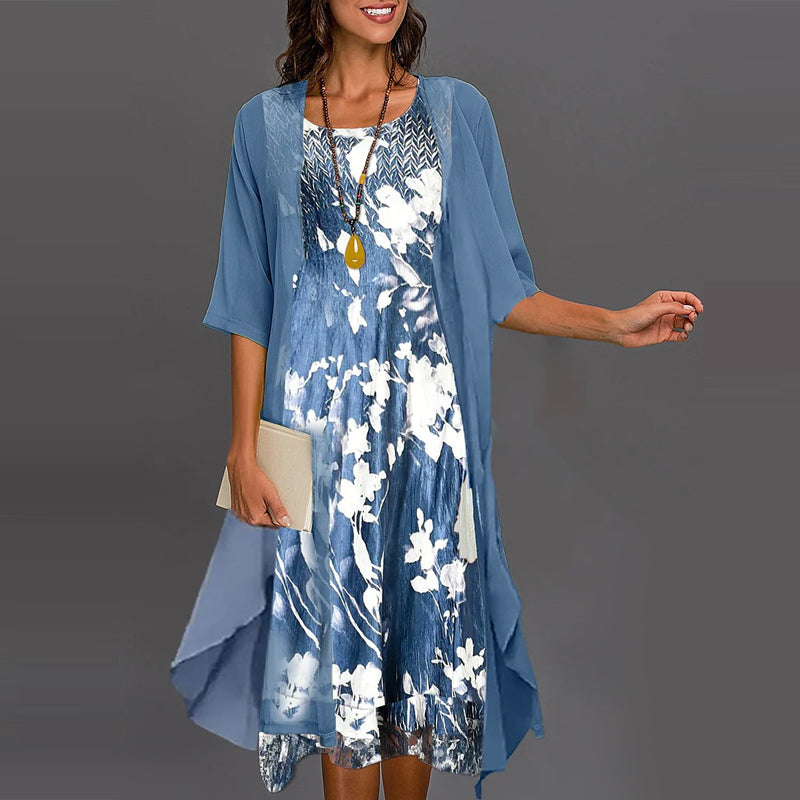 Eleny - Elegant two-piece floral chiffon dress set